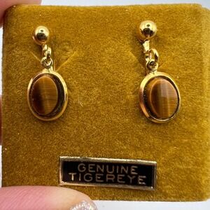 Vintage Genuine Tiger‎ Eye Gold Tone Clip On Earrings Women's Jewelry